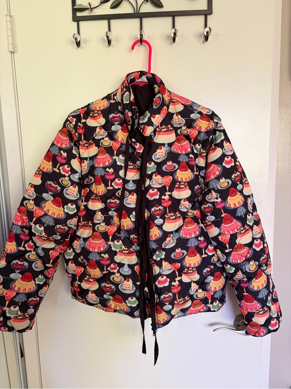 Lisa Says Gah Kids Black Puffer Jacket with Colorful Dessert Print